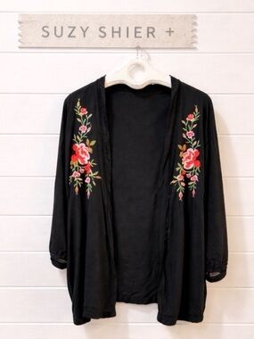 SUZY SHIER Black Floral Embroidered Kimono Cardigan XL/1X